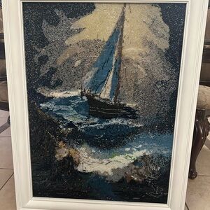 Nautical Sailing Ship Tapestry in Blue and Cream
